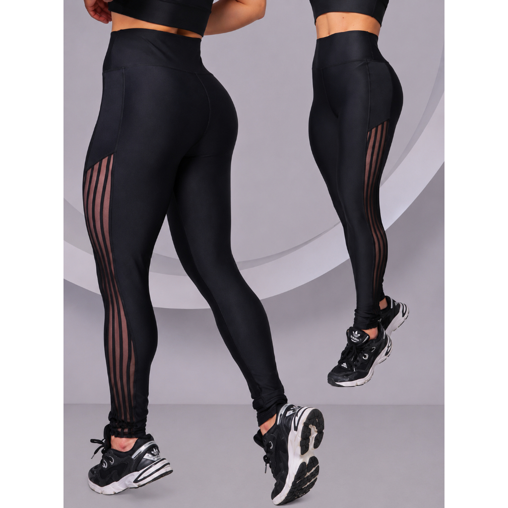 Calça Legging Fitness Cintura Alta com Recorte de Tule Lateral Academia ZERO TRANSPARENCIA Modeladora para Exercicios