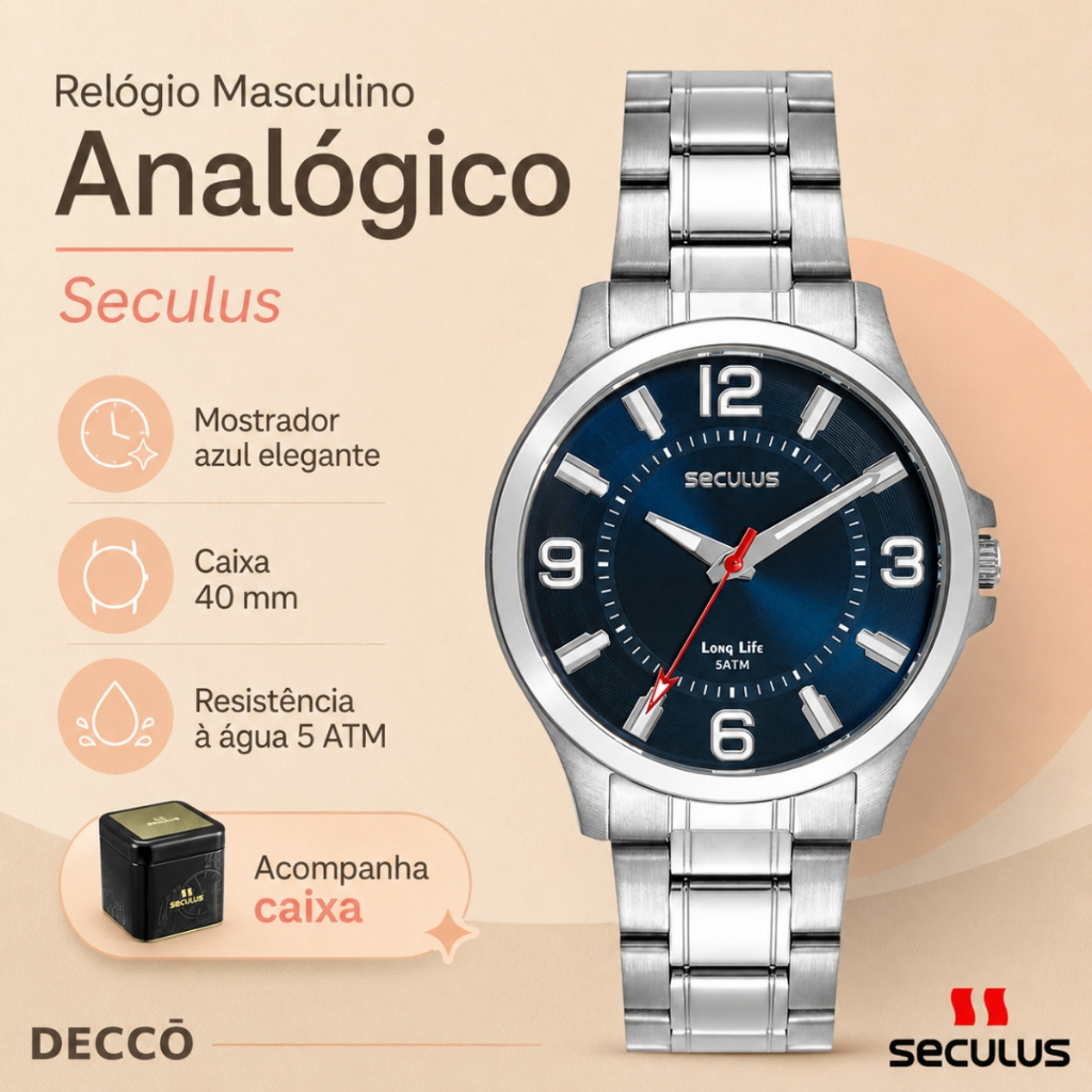 Relógio Masculino 40MM Seculus Analógico Em Aço Clássico Resistente à Água 5 ATM