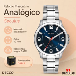 Relógio Masculino 40MM Seculus Analógico Em Aço Clássico Resistente à Água 5 ATM Fundo Azul