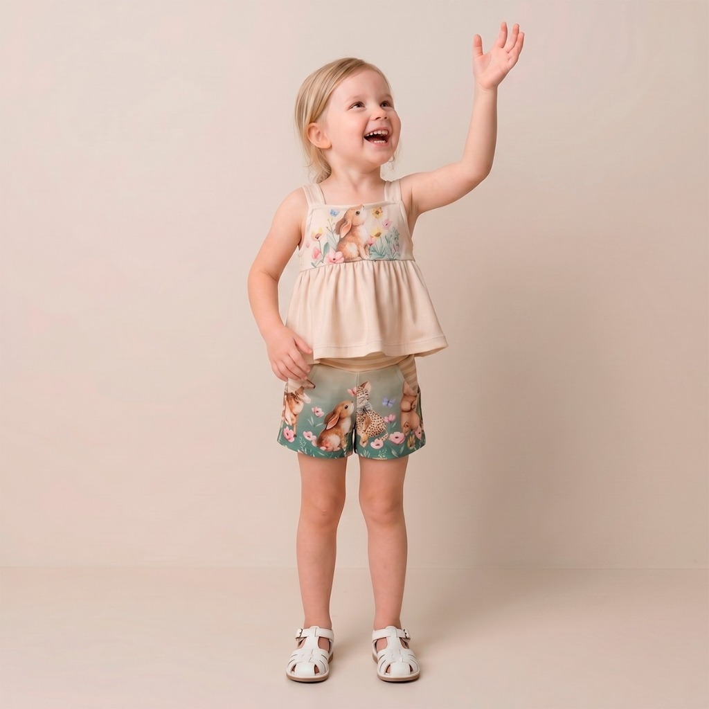 Conjunto Infantil Feminino Bosque Encantado Blusa Estampada Com Babadinhos Short Com Bolsos Verão Confortável