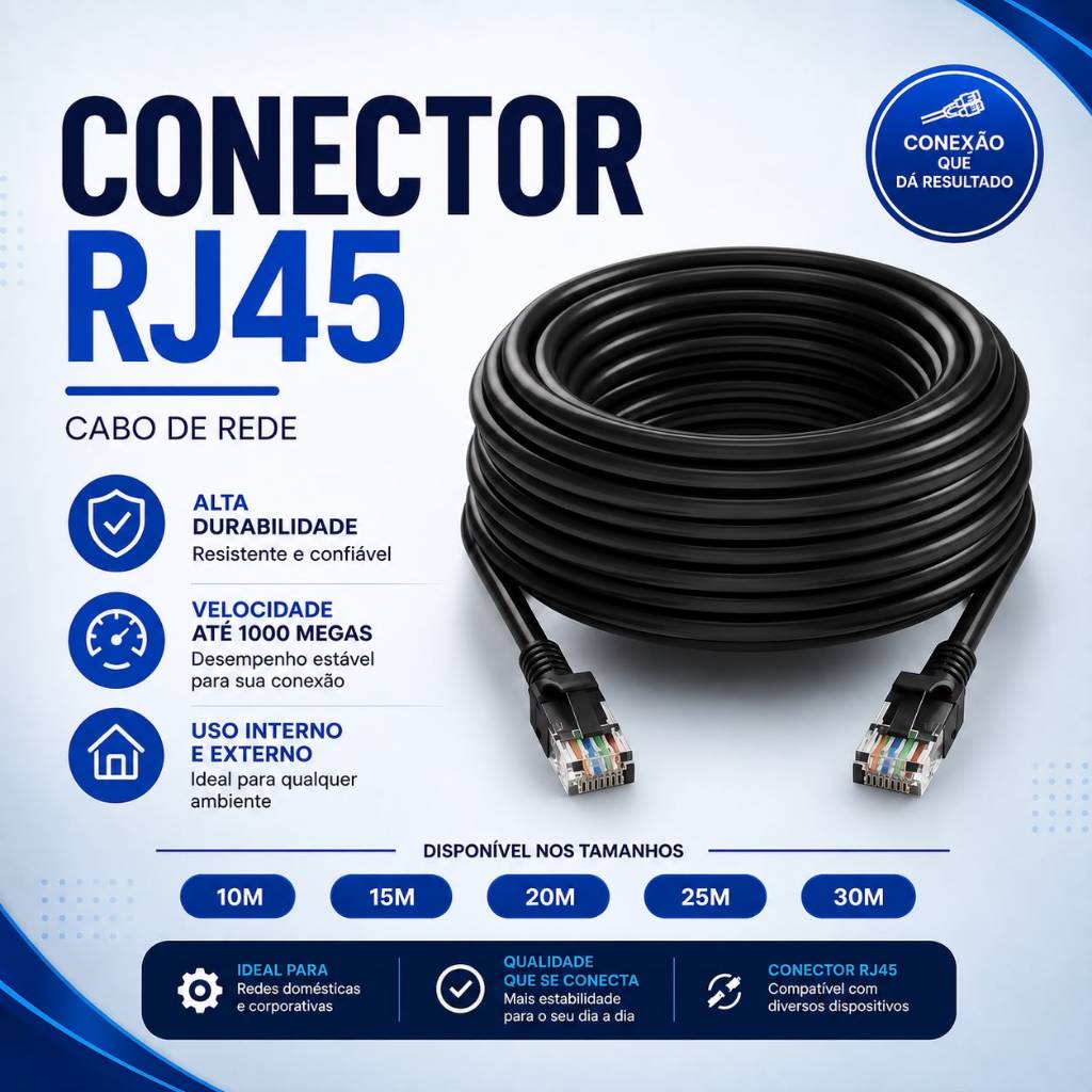 Cabo de Rede Crimpado preto RJ45 10/15/20/25/30 Metros para Internet