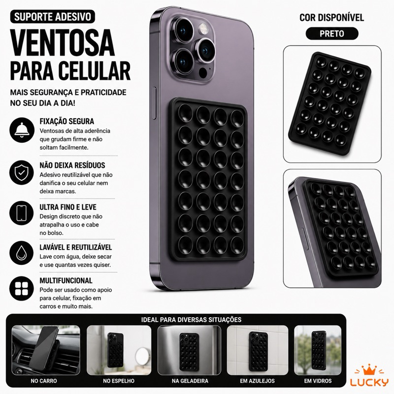 Suporte Ventosa Silicone para Celular Fixação em Vidro Espelho e Parede