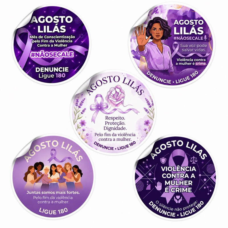 Adesivos Agosto Lilás 4x4cm Kit 60 ou 120 Unidades Campanha Violência Contra a Mulher