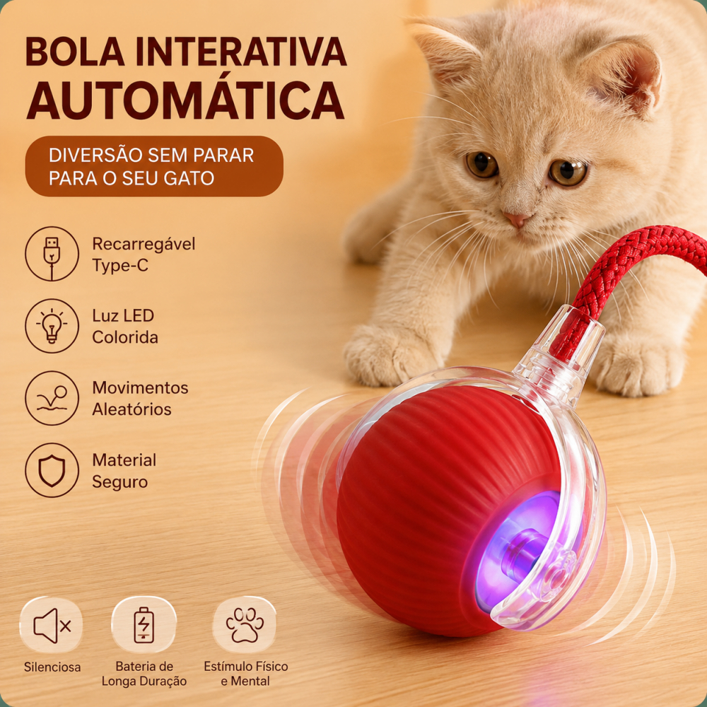 Bola Interativa para Gatos Brinquedo Automático Recarregável USB com Cauda Anti Tédio Pet