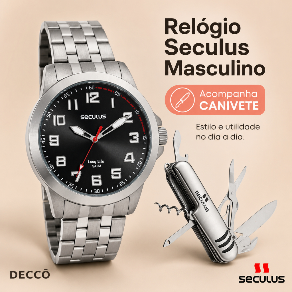 Relógio Masculino Com Canivete Seculus Analógico Em Aço Inox 44mm Resistente à Á