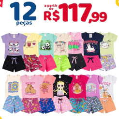 Combo 12 Peças Roupa Infantil Menina Conjunto Verão Feminino 5 Blusas + 5 Shorts Tamanho 1 ao 14