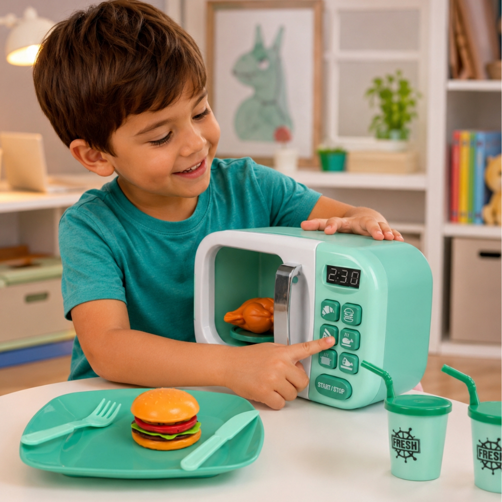 Brinquedo Microondas Interativo Prato Gira Com Som Luz e Acessórios Para Criança