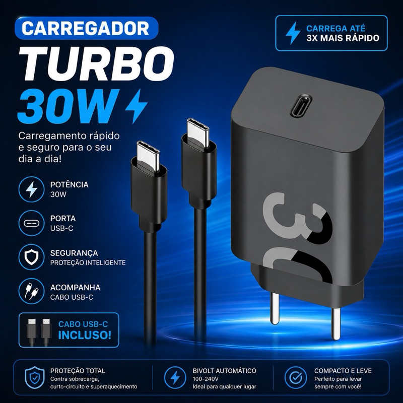 Carregador MOTOROLA  Turbo USB-C 30W com Cabo USB-C Incluso | Carregamento Rápid