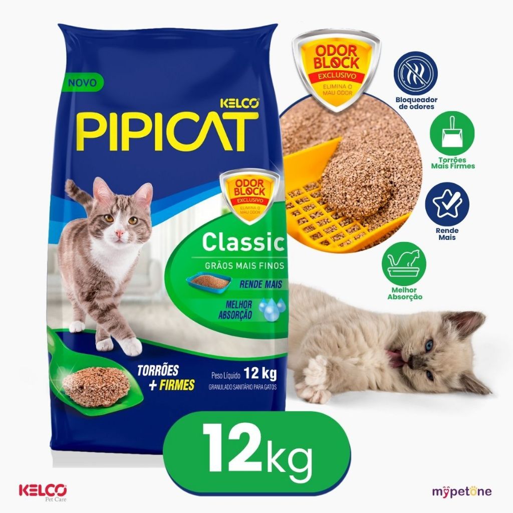 Areia Higiênica Pipicat Classic Grãos Mais Finos 12 kg