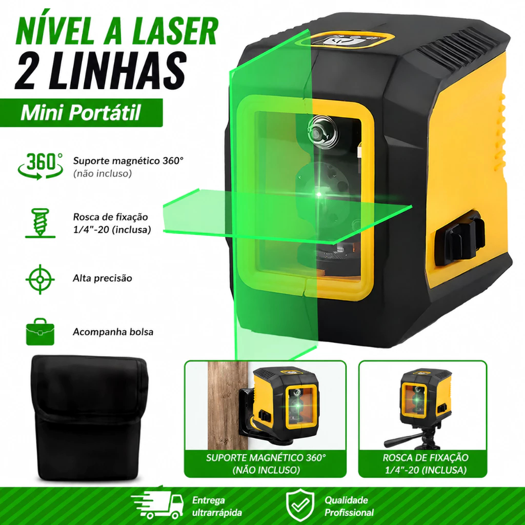 Nível Laser Profissional 2 Linhas Auto Nivelante Portátil Alcance 20 Metros Nivelador para Construção