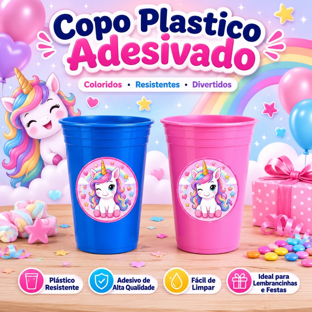 Kit 6 a 30 Copos Plásticos Personalizados Unicórnio com Adesivos – Lembrancinhas de Aniversário Infantil