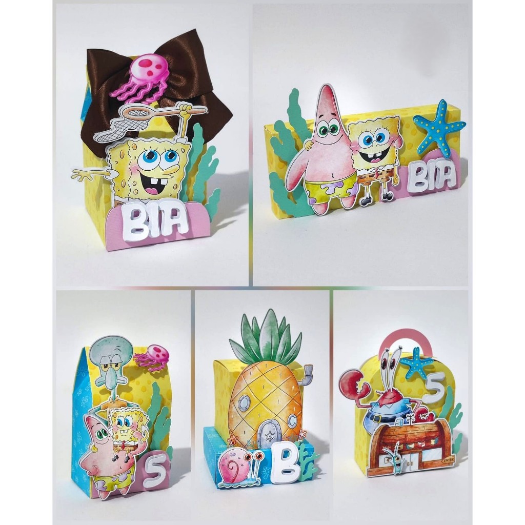 Kit Lembrancinhas Personalizadas no tema Bob Esponja com Aplique 3D - Caixinhas Pegue e Monte Festa Infantil