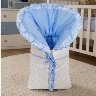 Porta Bebê Saco De Dormir Branco com Azul Claro Tecido Percal 200 Fios