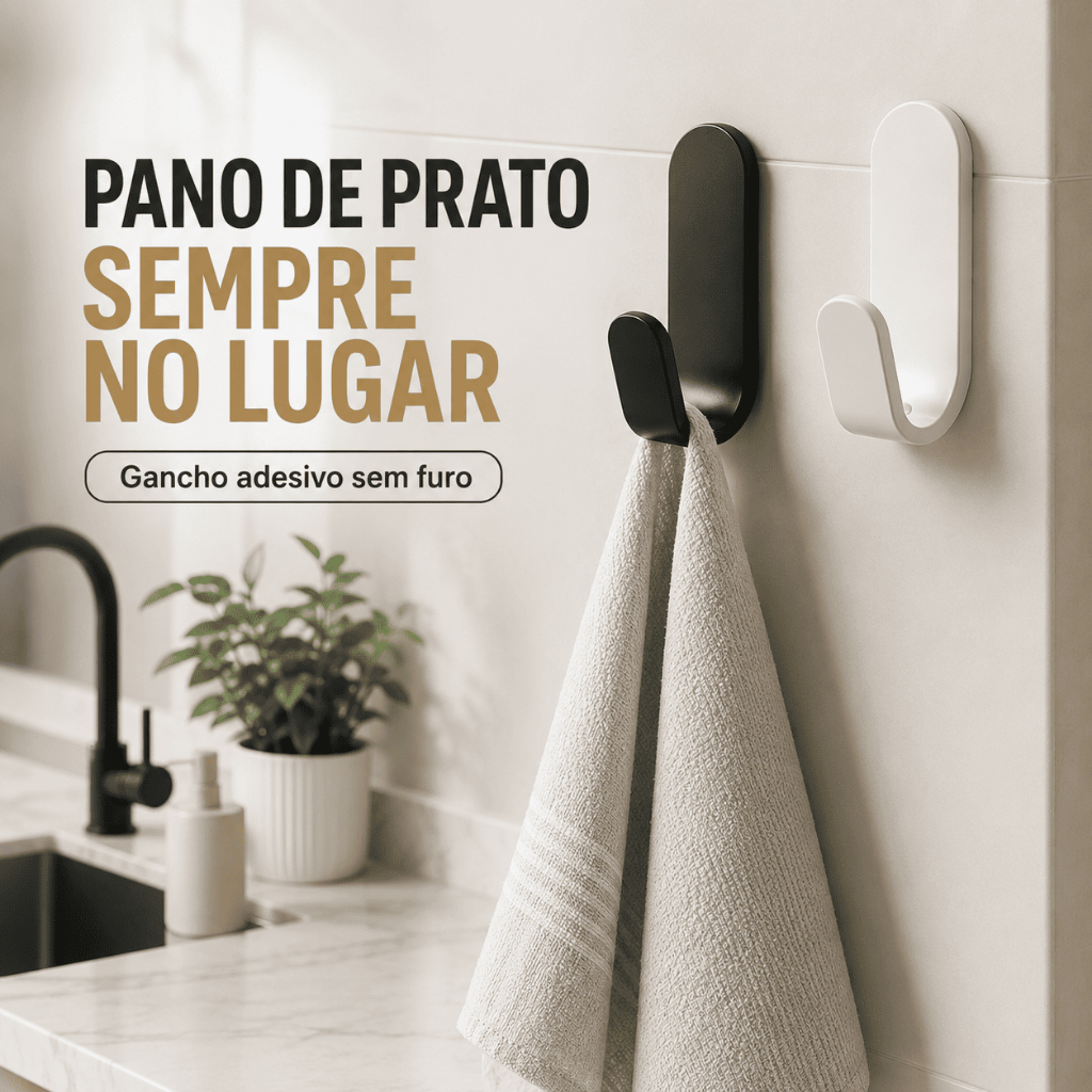 Porta Pano de Prato Adesivo para Cozinha Gancho de Parede Sem Furo 3M Preto ou Branco
