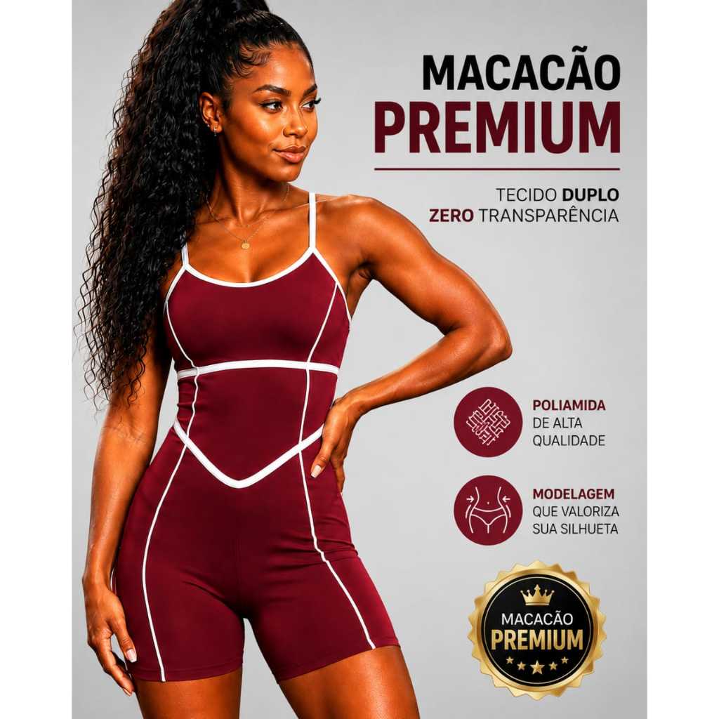 Macaquinho Fitness Feminino Poliamida Premium Alta Gramatura Tecido Duplo Zero Transparência Modelador Academia