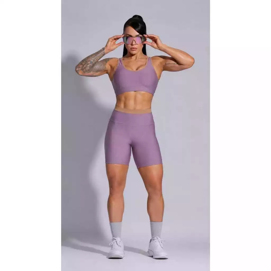 Conjunto Fitness Feminino Top Alça Larga + Bermuda Cintura Alta Lavanda Premium — imagem 1