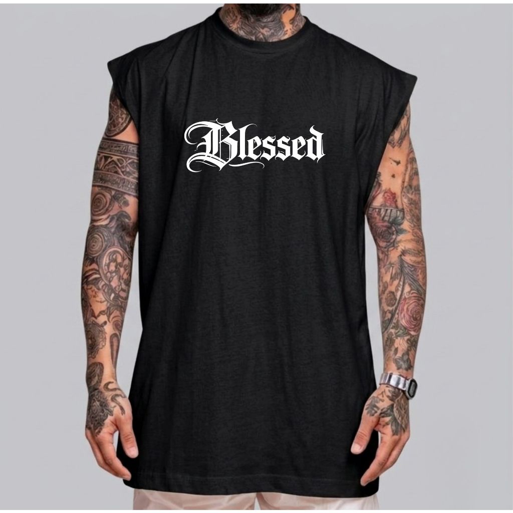 Camiseta Regata Oversized Masculina 100% Algodão 30.1 Blessed Treino Academia Confortável Envio Imediato