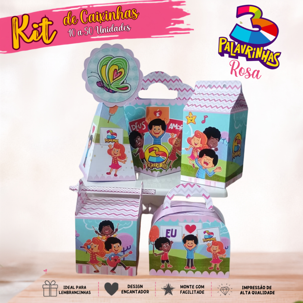 Kit Festa 3 Palavrinhas Rosa - Caixinhas personalizadas para lembrancinhas - 10 a 50 Unidades