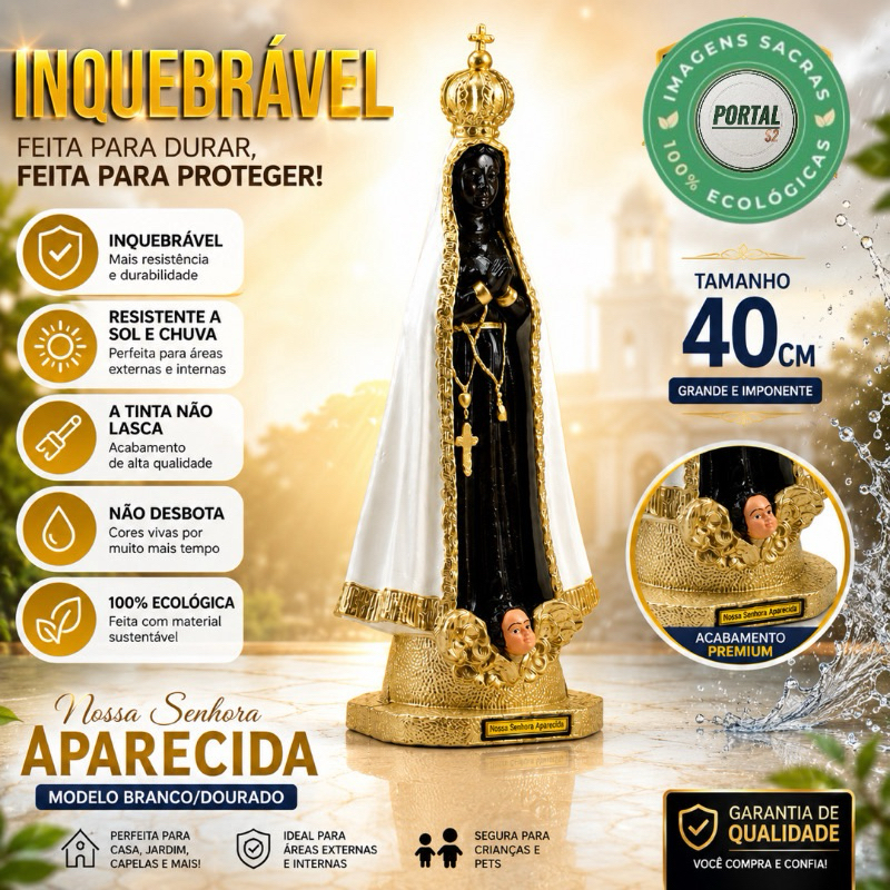 Imagem Nossa senhora Aparecida 40cm Branco/Dourado inquebrável borracha