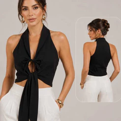 Colete Cropped Regata Blusa com Amarração Frontal