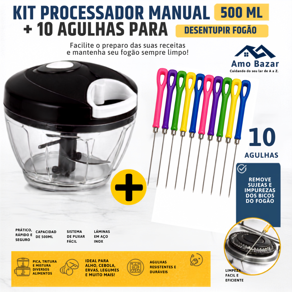 Processador Manual de Alimentos 500ml Triturador Picador 3 Lâminas Aço Inox /10 agulhas Desentupir Fogão