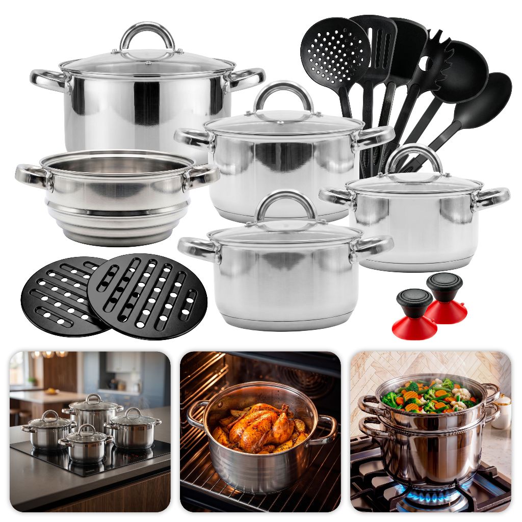 Jogo de Panelas Genebra Kit 19 Peças Em Aço Inox Para Indução Gás + Acessórios U
