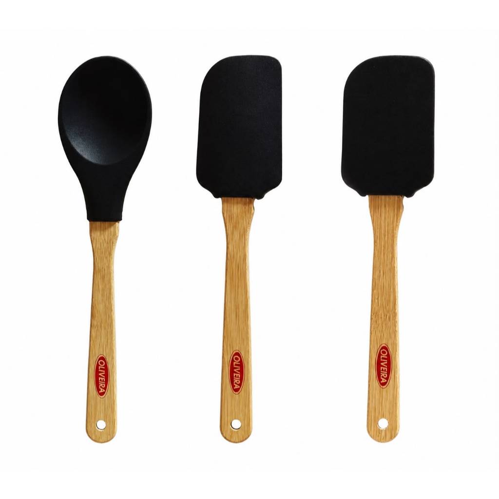 Kit Utensílios de Cozinha 3 Peças Silicone e Bambu Colher Espátula Antiaderente Resistente BPA Free Premium