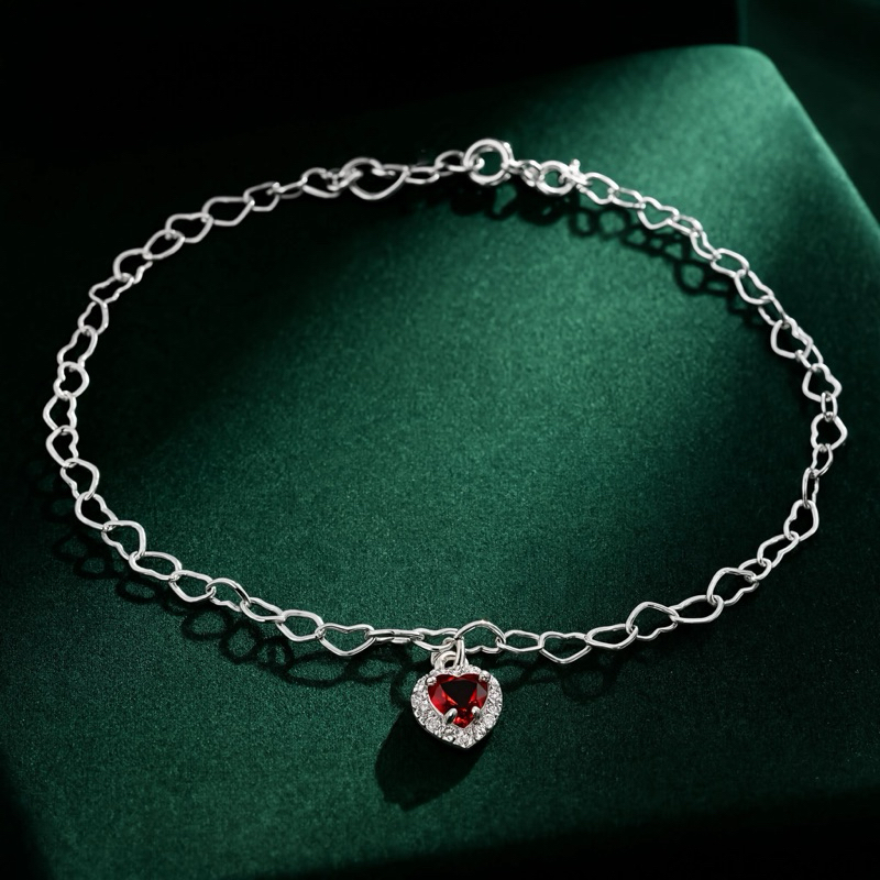 Pulseira Sofisticada Prata 925 Elos de Corações Coração Vermelho Cravejado