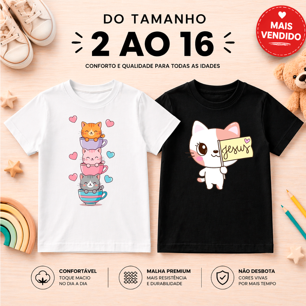 Kit 2 Camisetas Infantil Juvenil Estampas Variadas 100% Algodão Criança Bebê Conforto Diário