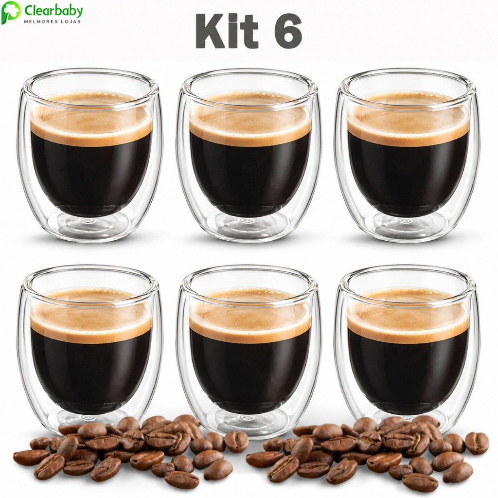 Conjunto com 6 Copos de Vidro Térmico Dupla Parede para Café Expresso 80ml