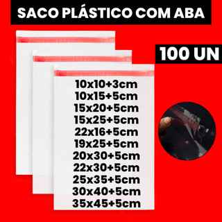 Kit 100un Saco PP Transparente com Aba Adesiva Embalagem Resistente para Loja e E-commerce Papelaria