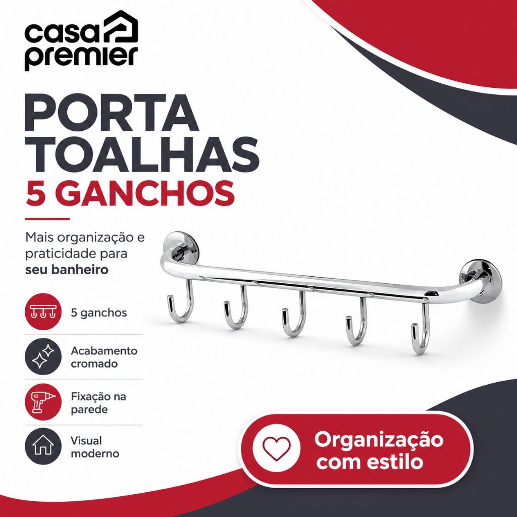 Cabide Quintuplo 5 Ganchos Aluminio Polido Pendurar Objetos Cor Prateado
