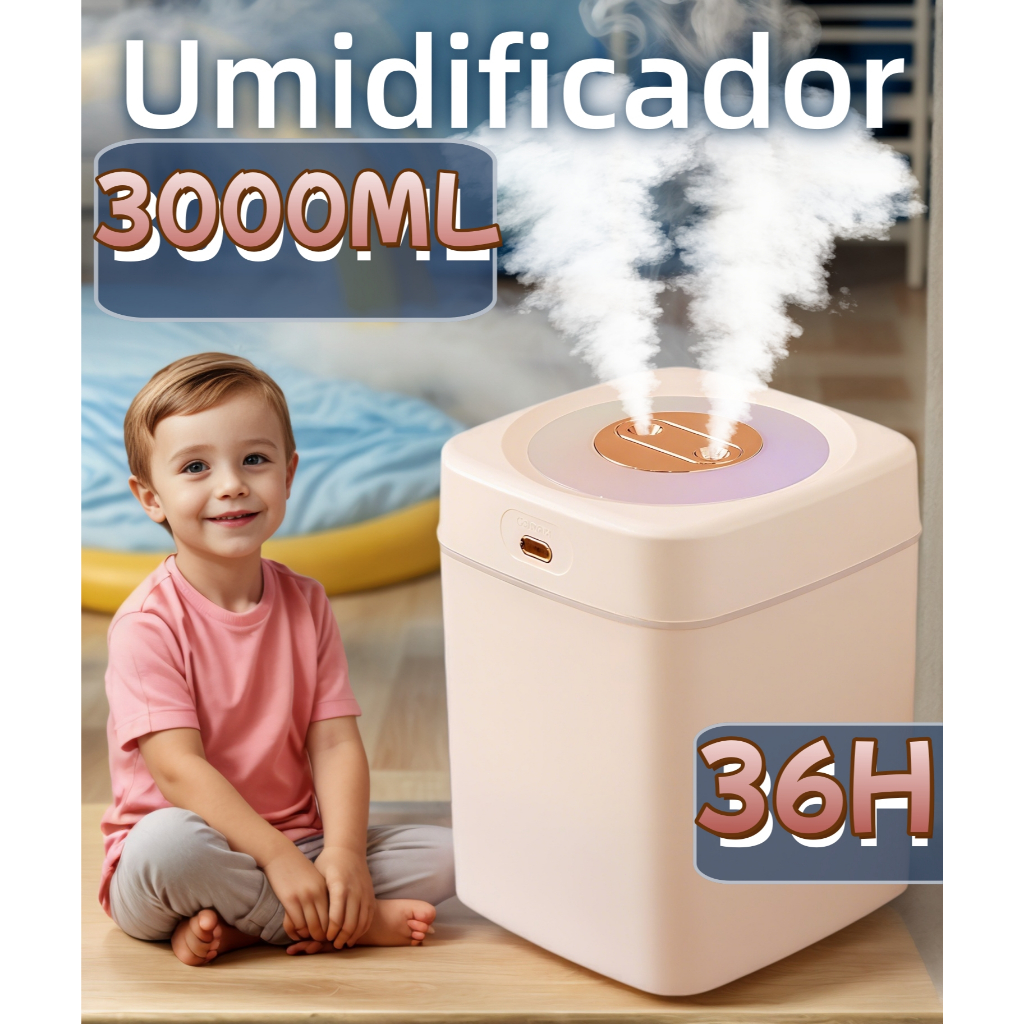 Umidificador Grande 3 Litros Saída Dupla Silencioso Luzes LED's Coloridas Neblinas Controláveis 3000ML