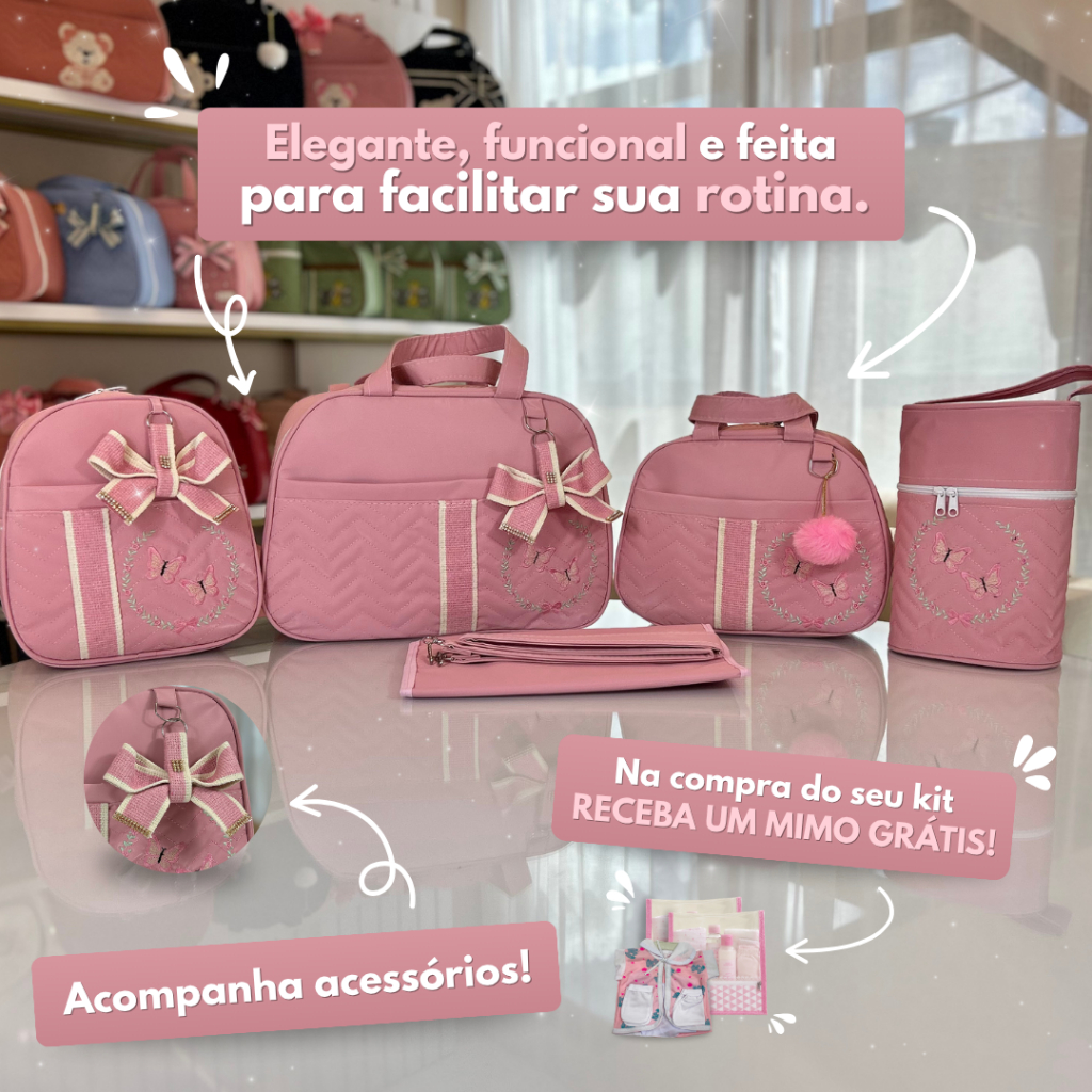 KIT BOLSA MATERNIDADE PARA BEBÊ CONJUNTO COM 5 PEÇAS BORBOLETA