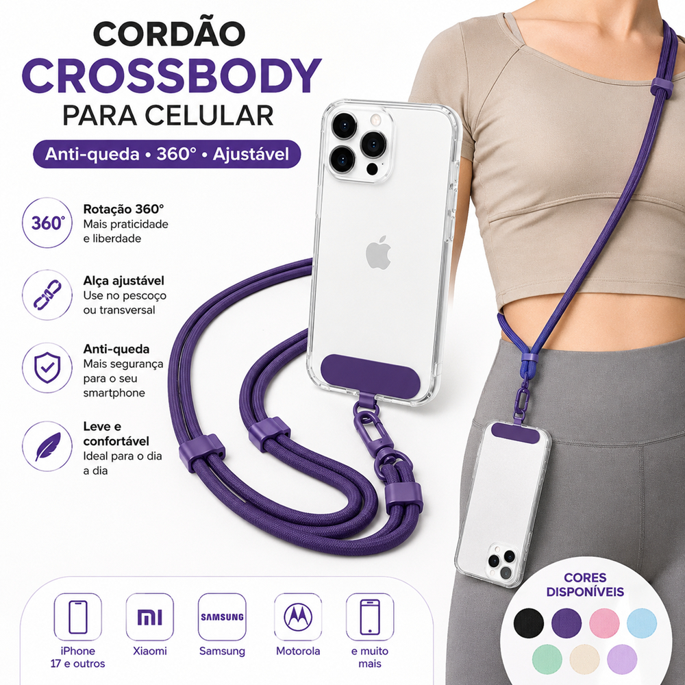 Cordão Crossbody para Celular Universal Antiqueda 360° Alça Ajustável para Pescoço