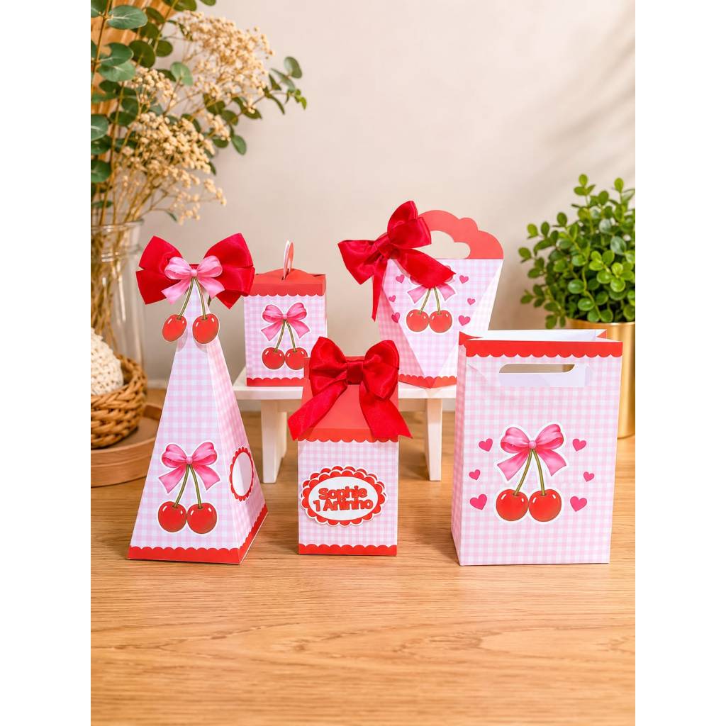 Kit Festa infantil Cerejinha Lembrancinhas | Sacolinha e Caixas Personalizadas | Pegue e Monte ou Montado