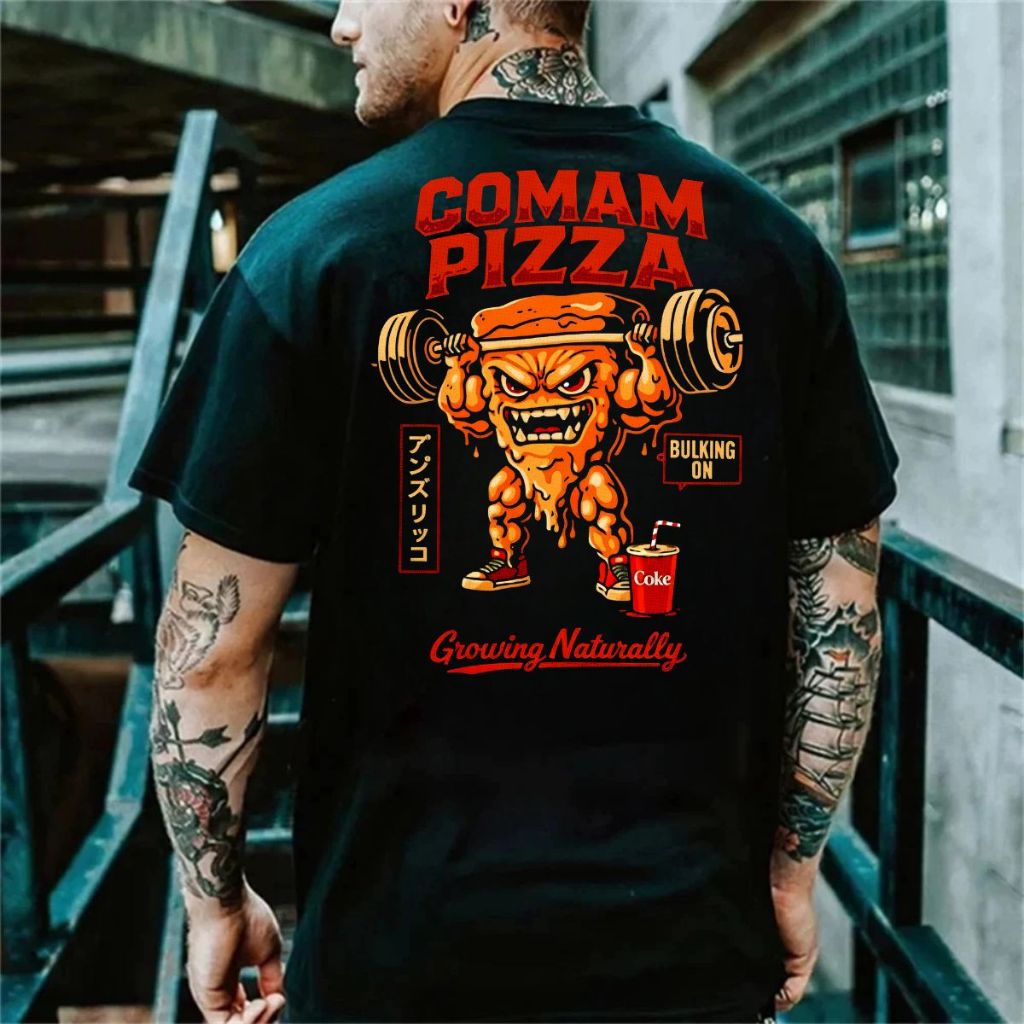 Camiseta masculina Oversized Estampa Comam Pizza para Academia Musculação camisa algodão Streetwear 100% Algodão