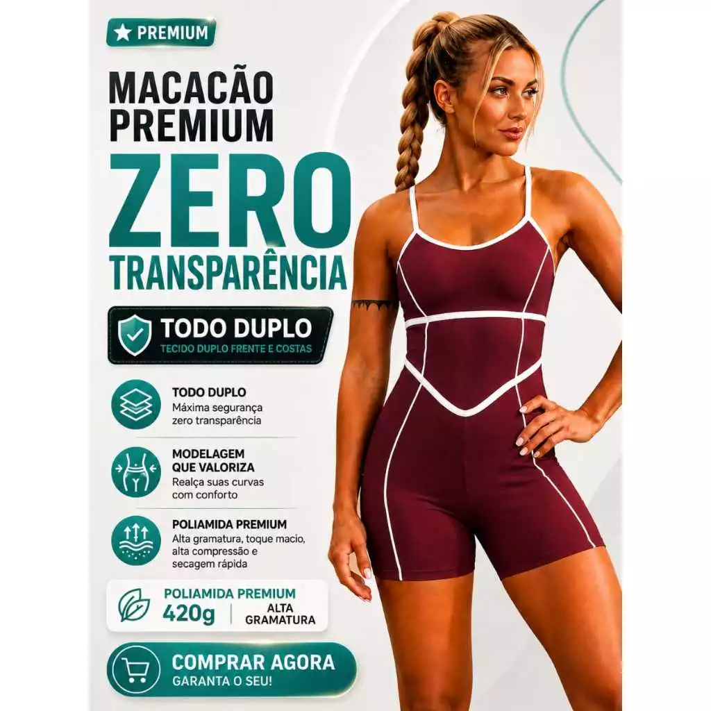 Macaquinho Fitness Premium Feminino Poliamida Todo Duplo Zero Transparência Alta Compressão Academia — imagem 1