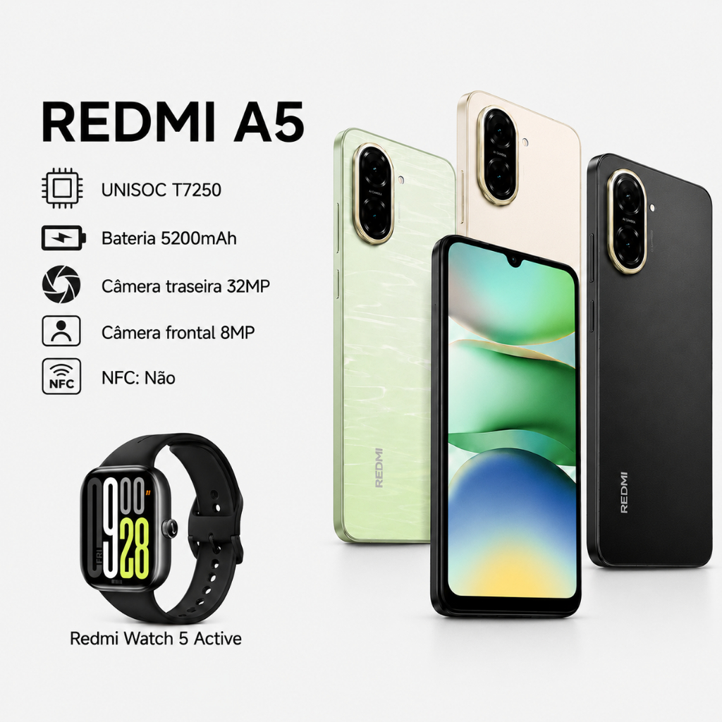 Kit：Redmi A5 4G+Redmi Watch 5 Active Preto Versão Global,Câmera 32MP, Novo-Lacra