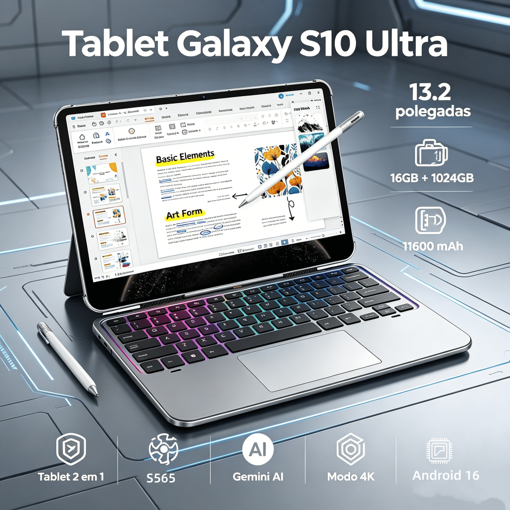 Tablet Galaxy S10 Ultra 11.600 mAh, 13,2 polegadas, 16 GB + 1.024 GB, com recursos de IA para desenho e trabalho