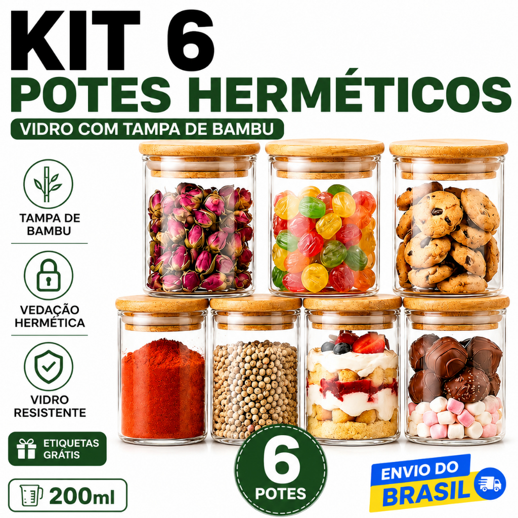 Kit 6/12 Pote de Vidro Hermético Tampa Bambu 200ml Porta Mantimentos Organizador de Cozinha