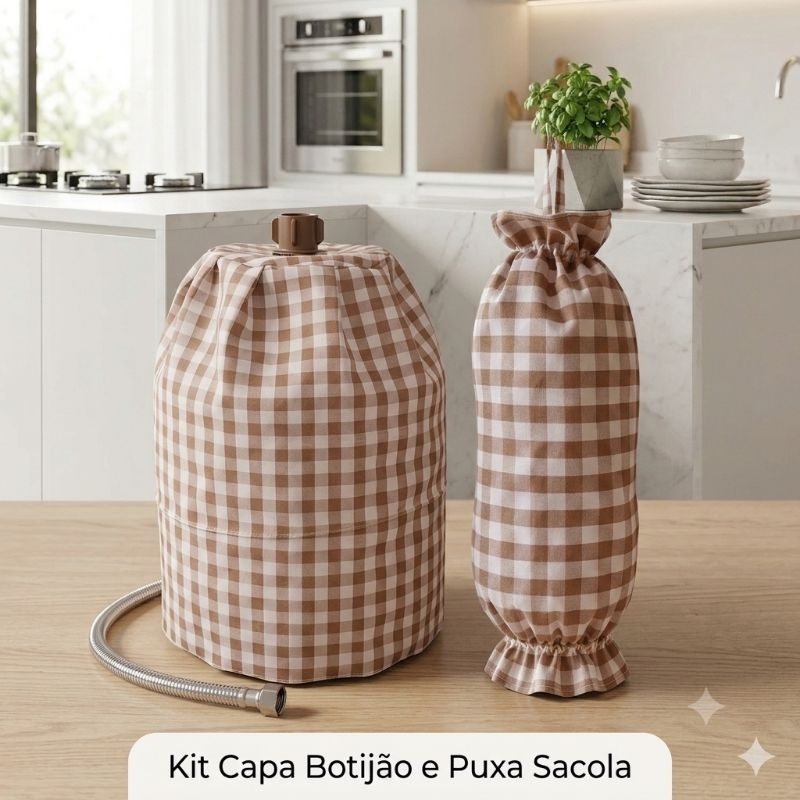 Kit Capa Para Botijão 13kg + Puxa Saco Tecido Oxford Xadrez Bege Tinto | Cozinha Decorada e Organizada