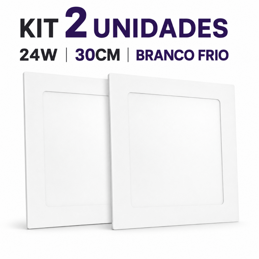 Kit 2 Painel Plafon de Led de Embutir 24w Quadrado 30x30cm 6000k