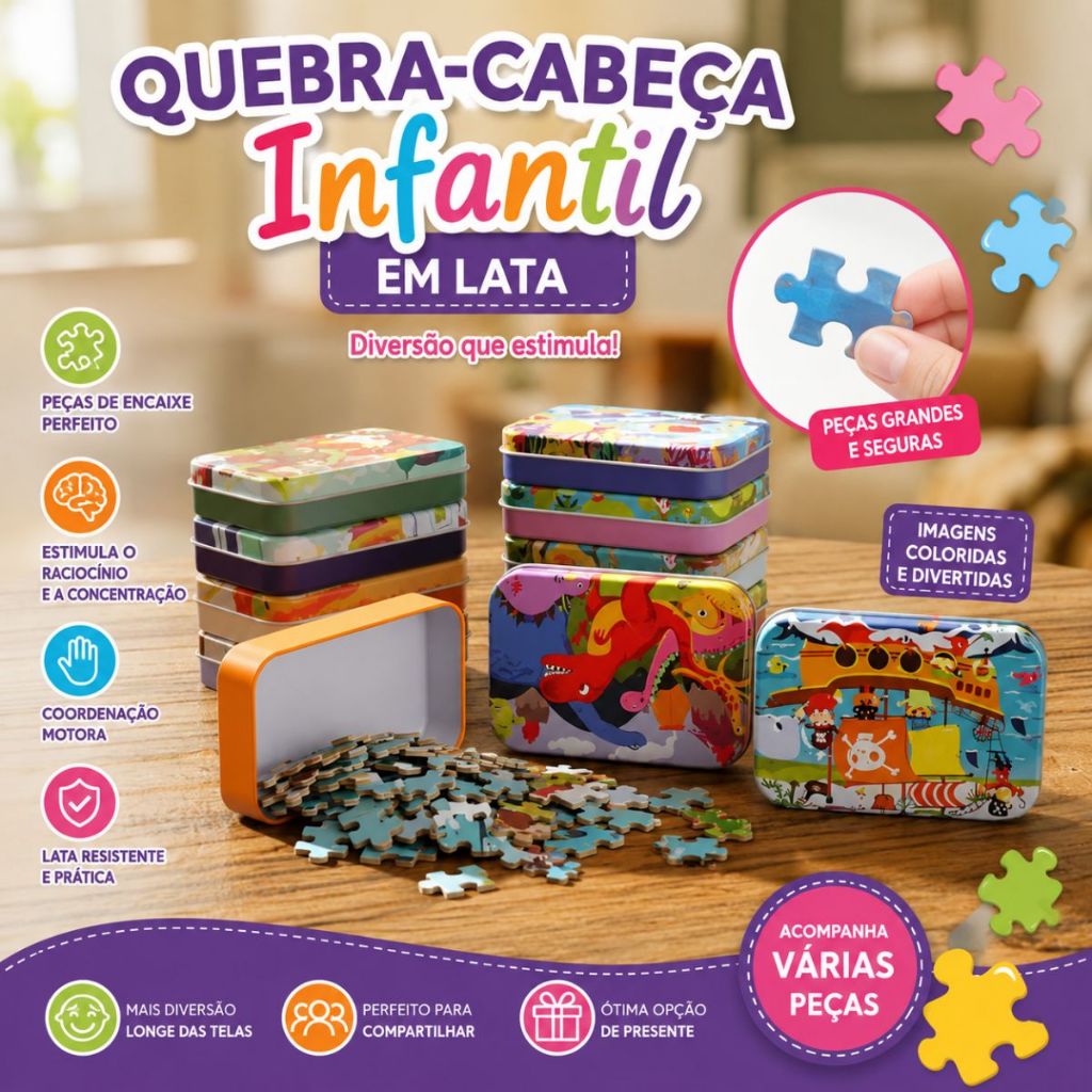 Quebra-cabeça Sortidos De Madeira 60 Peças Quebra-cabeça Na Lata Infantil Desenhos Coloridos Madeira