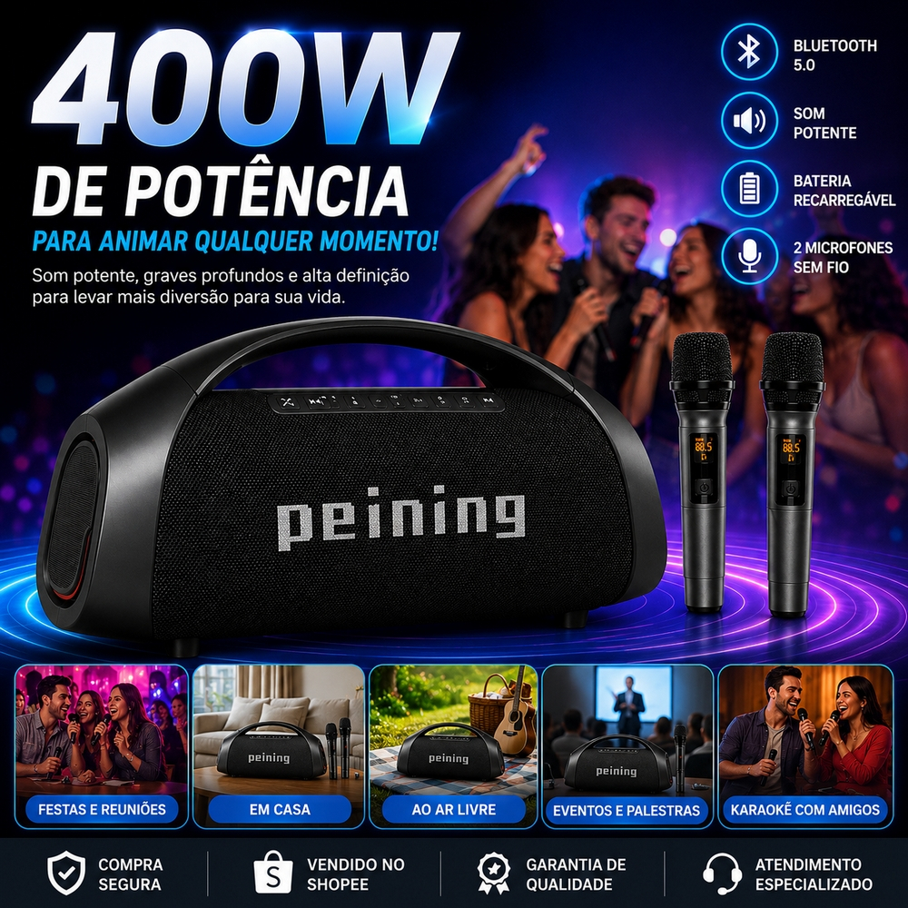 Caixa de Som Bluetooth Peining PEI-SP02 400W com 2 Microfones Sem Fio, Bateria Recarregável e Função Karaokê