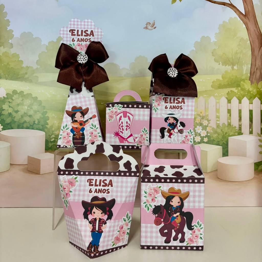 Kit Caixinhas Personalizadas PEGUE E MONTE Boiadeira Menininha Rosa Caixas para Lembrancinhas de Aniversário