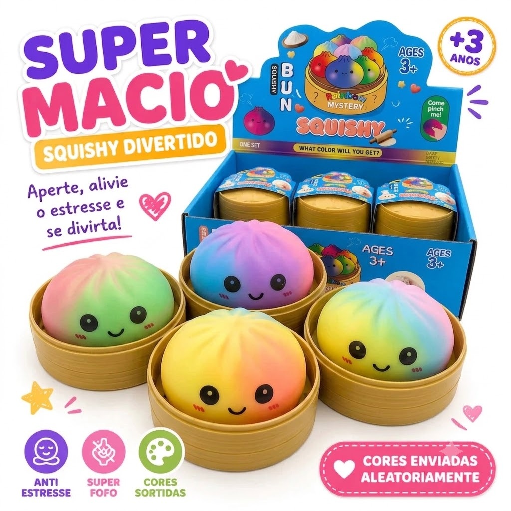 Squishy Baozi Arco-Íris Antiestresse Fofo e Realista | Macio, Slow Rising | Cor Aleatória