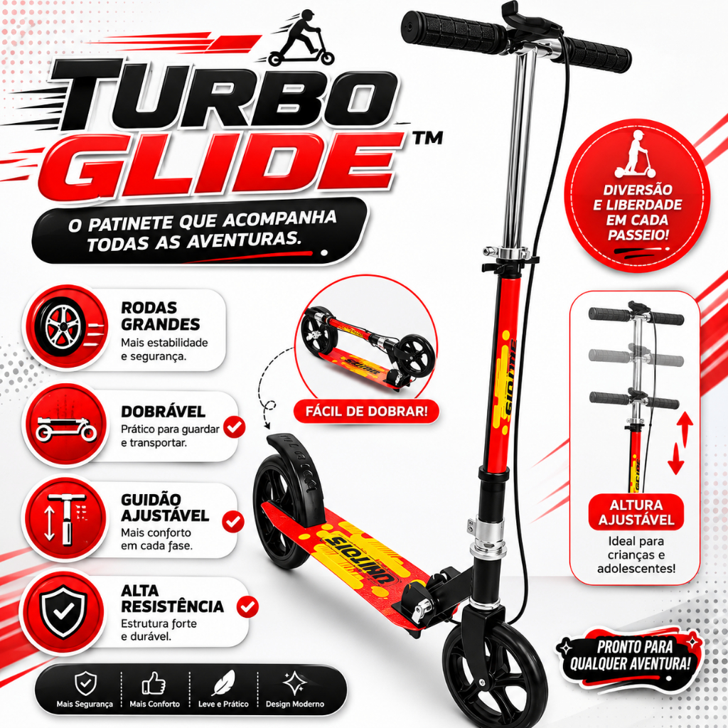 Turbo Glide™ | Patinete Infantil Dobrável com Rodas Grandes e Freio | Guidão Ajustável | Alta Resistência