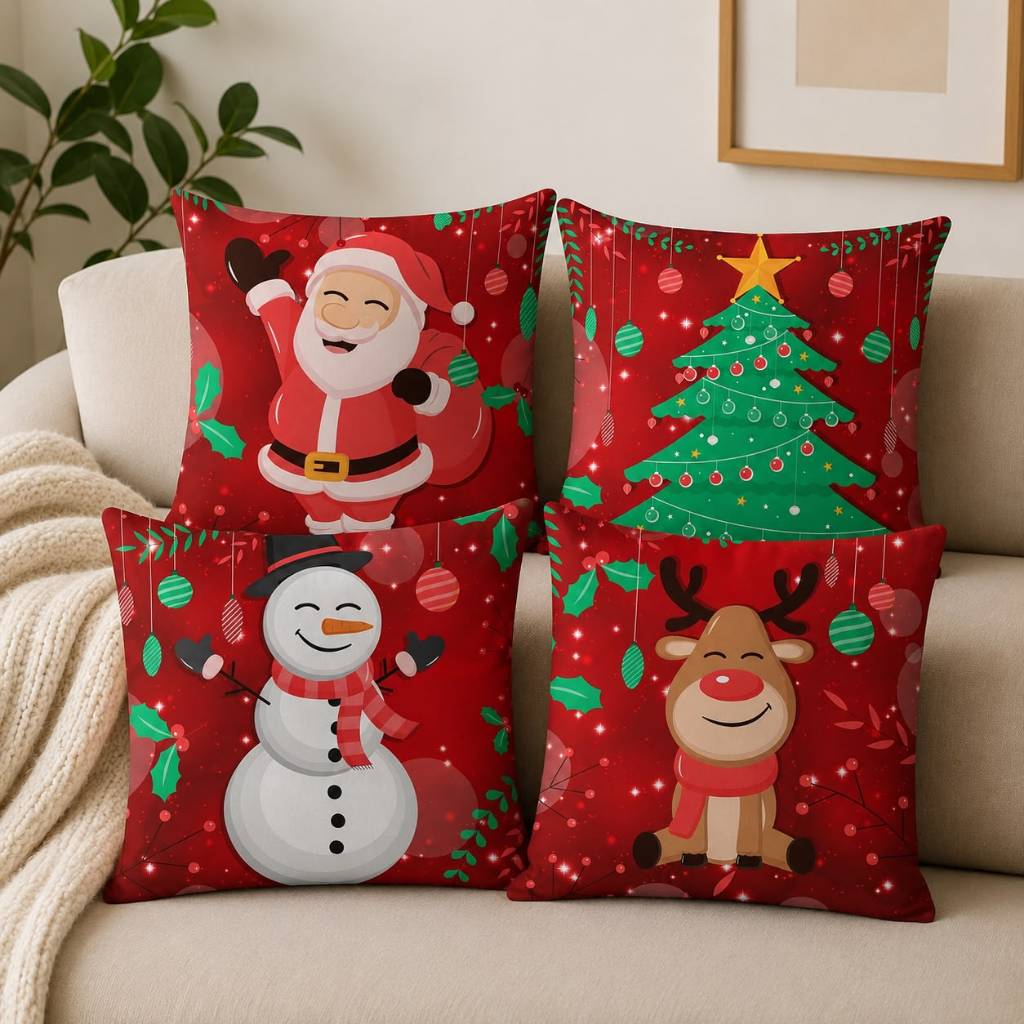 Kit 4 Capas de Almofada Personalizada Natal Personagem Clima Natalino Feliz Natal Decorativo 45x45 Quarto Cama Sala Sofá