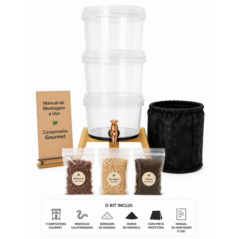 Composteira Doméstica Gourmet com suporte de madeira e minhocário (kit completo) presente sustentável